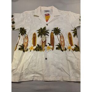 Pacific Legend Hawaiian Shirt Boys XL Cream Surfboard Palm Tree Aloha NWT